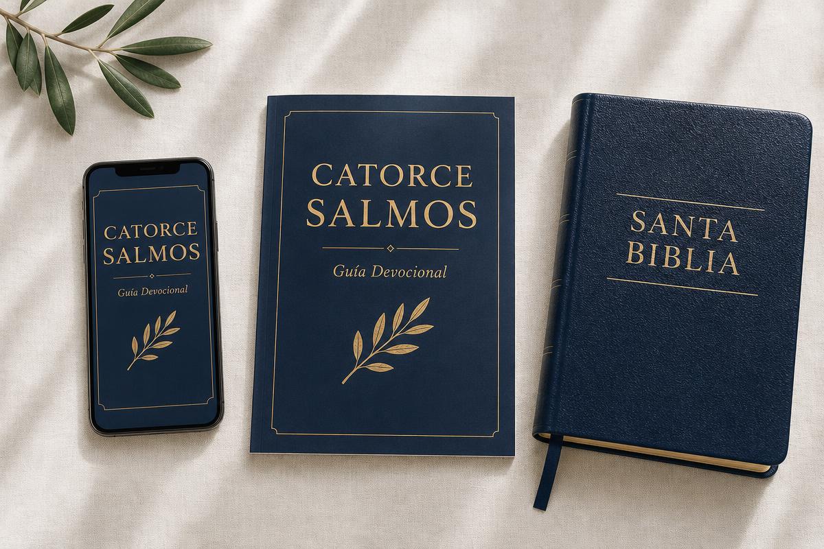 La guía Catorce Salmos en el celular y en versión impresa junto a una Biblia