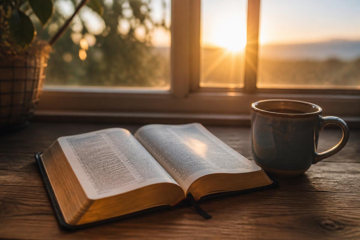 Biblia abierta sobre una mesa de madera con la luz de la mañana entrando por la ventana