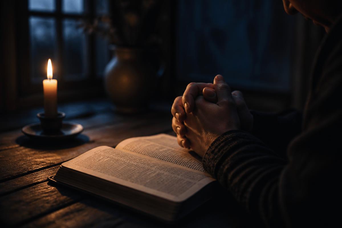 Manos unidas en oración sobre un libro abierto a la luz de una vela